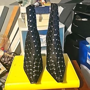 New Knife Crystal Embellished Satin Ankle High Heel Boots, Sz 8.5, Black, Side Z